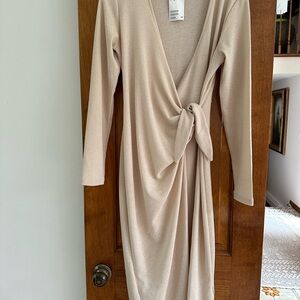 H&M Cream Ruched Sheath Dress with Plunge Neckline